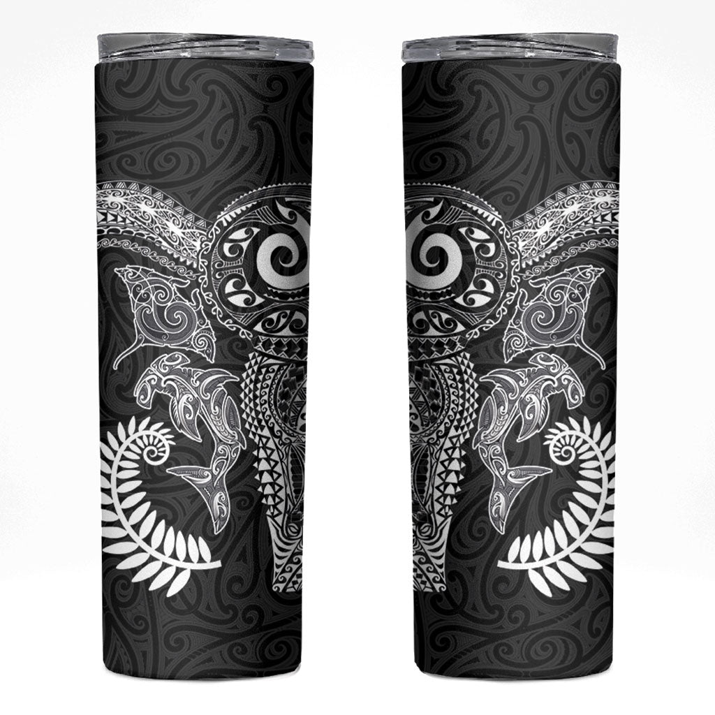 Aotearoa Maori Sea Animals Tribal Skinny Tumbler Manta Ray and Shark Moko Pattern Black Color