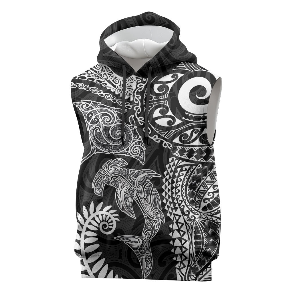 Aotearoa Maori Sea Animals Tribal Sleeveless Hoodie Manta Ray and Shark Moko Pattern Black Color LT03 Black - Polynesian Pride