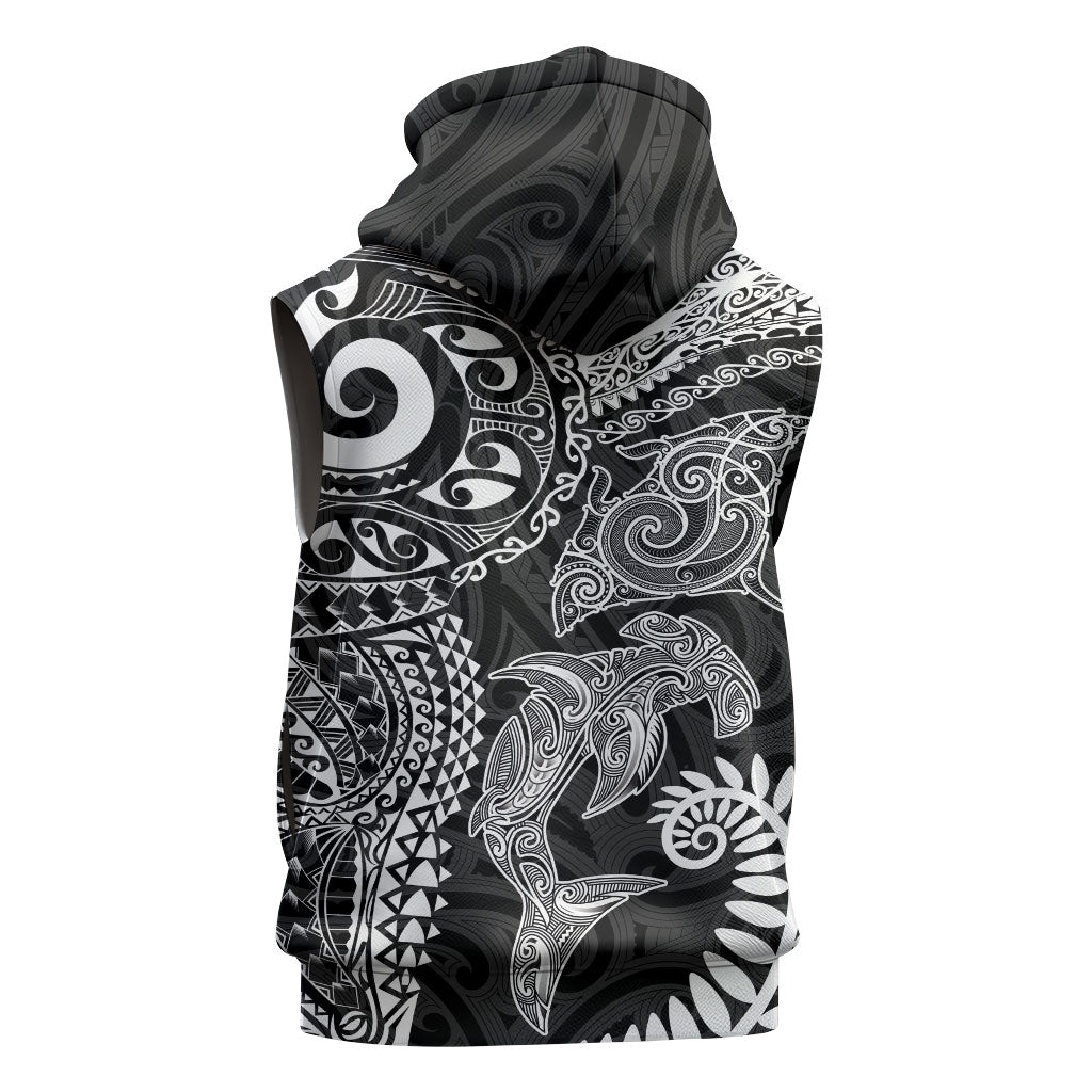 Aotearoa Maori Sea Animals Tribal Sleeveless Hoodie Manta Ray and Shark Moko Pattern Black Color LT03 - Polynesian Pride