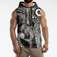 Aotearoa Maori Sea Animals Tribal Sleeveless Hoodie Manta Ray and Shark Moko Pattern Black Color LT03 - Polynesian Pride