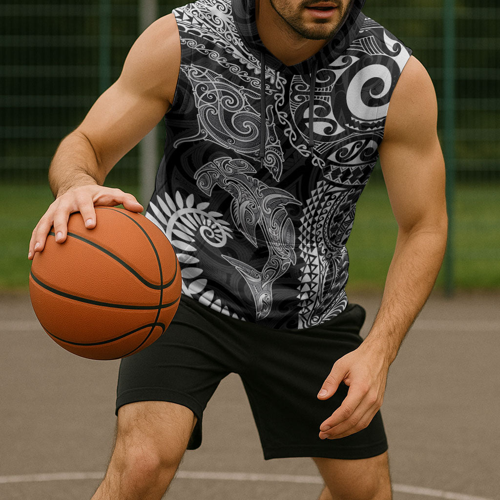 Aotearoa Maori Sea Animals Tribal Sleeveless Hoodie Manta Ray and Shark Moko Pattern Black Color LT03 - Polynesian Pride