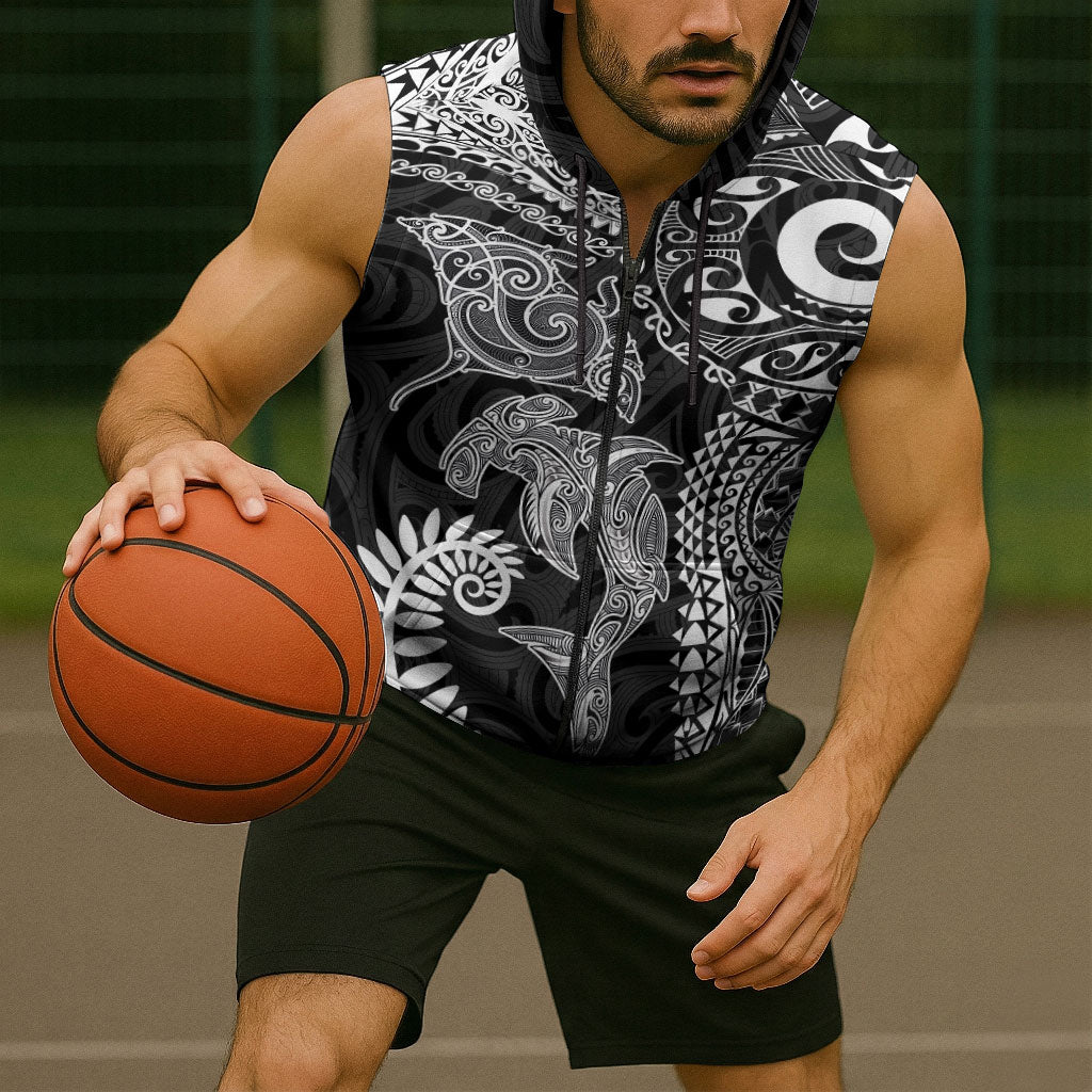 Aotearoa Maori Sea Animals Tribal Sleeveless Zip Hoodie Manta Ray and Shark Moko Pattern Black Color LT03 - Polynesian Pride