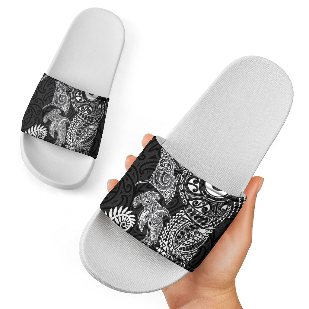 Aotearoa Maori Sea Animals Tribal Slide Sandals Manta Ray and Shark Moko Pattern Black Color