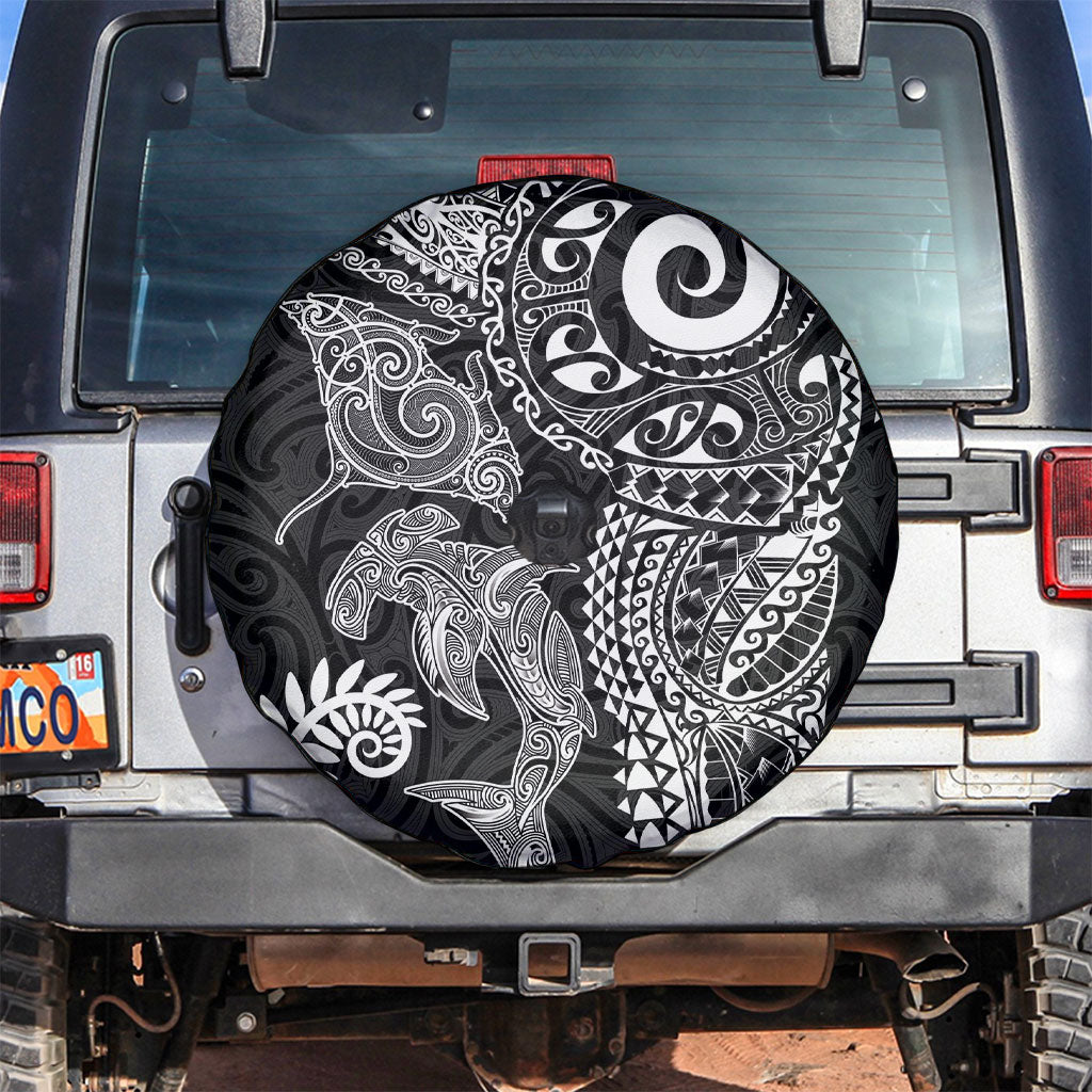 Aotearoa Maori Sea Animals Tribal Spare Tire Cover Manta Ray and Shark Moko Pattern Black Color LT03 Black - Polynesian Pride