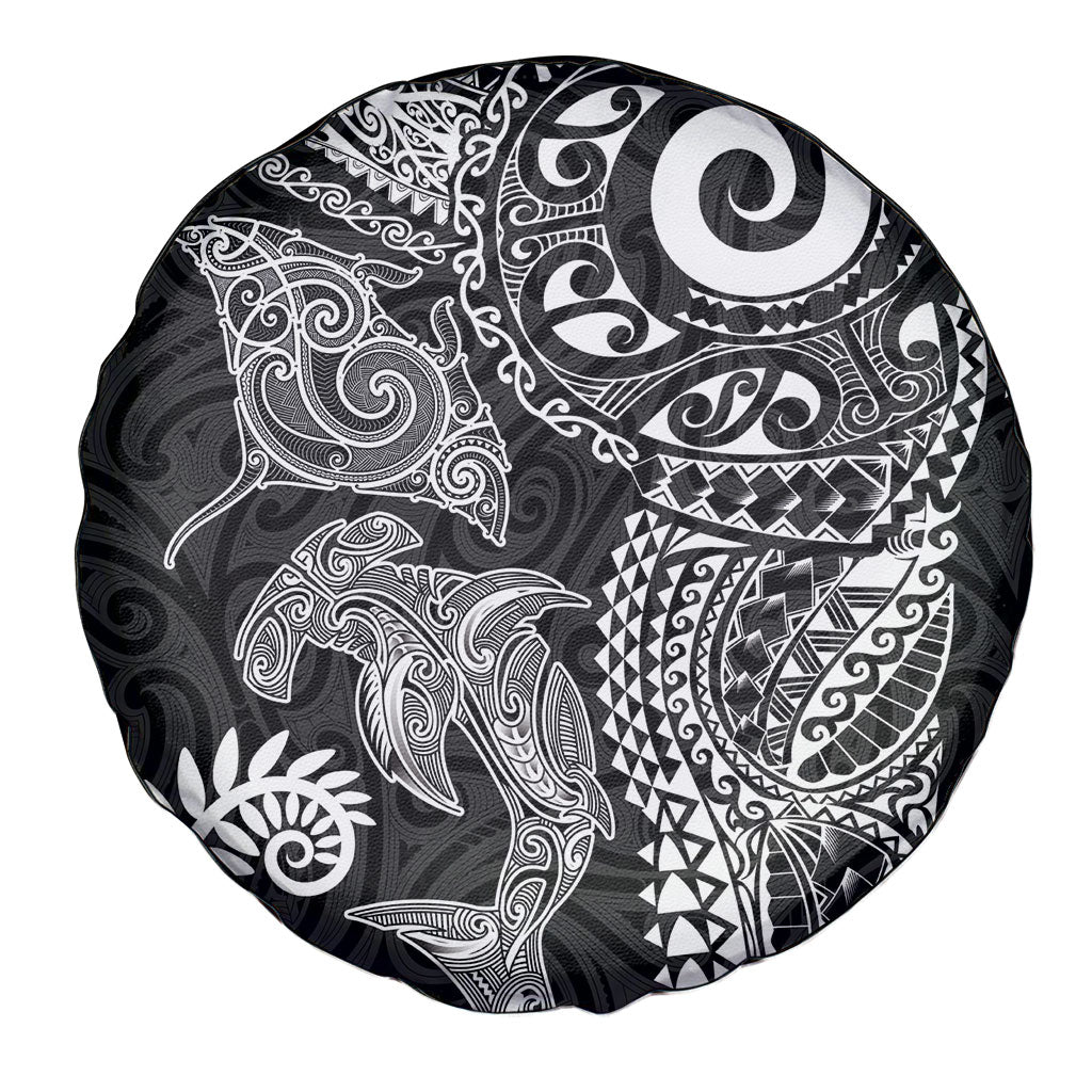 Aotearoa Maori Sea Animals Tribal Spare Tire Cover Manta Ray and Shark Moko Pattern Black Color LT03 - Polynesian Pride