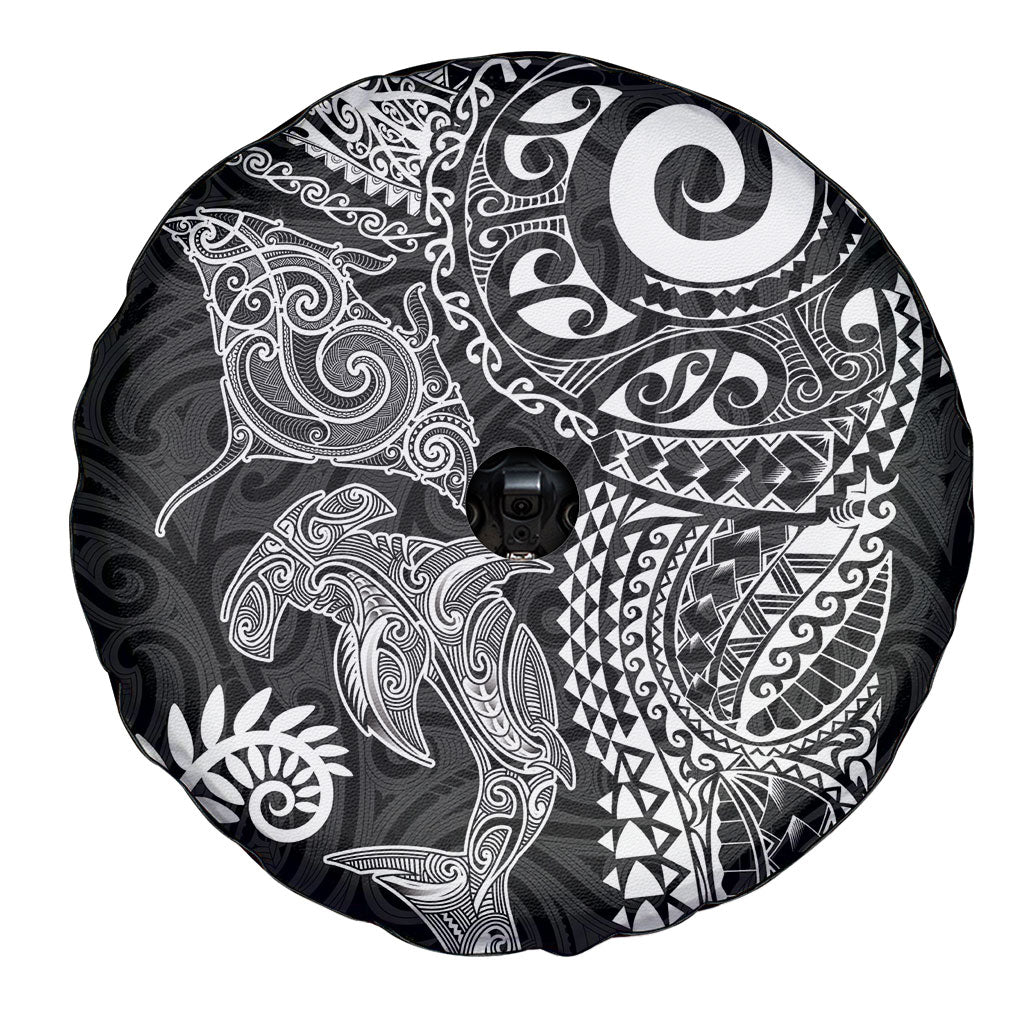 Aotearoa Maori Sea Animals Tribal Spare Tire Cover Manta Ray and Shark Moko Pattern Black Color LT03 - Polynesian Pride
