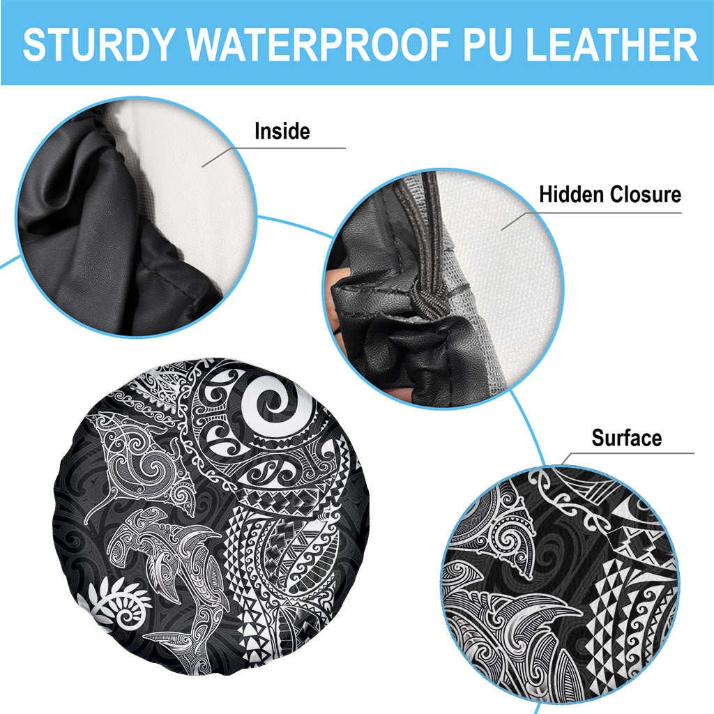 Aotearoa Maori Sea Animals Tribal Spare Tire Cover Manta Ray and Shark Moko Pattern Black Color LT03 - Polynesian Pride