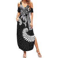 Aotearoa Maori Sea Animals Tribal Summer Maxi Dress Manta Ray and Shark Moko Pattern Black Color LT03 Women Black - Polynesian Pride