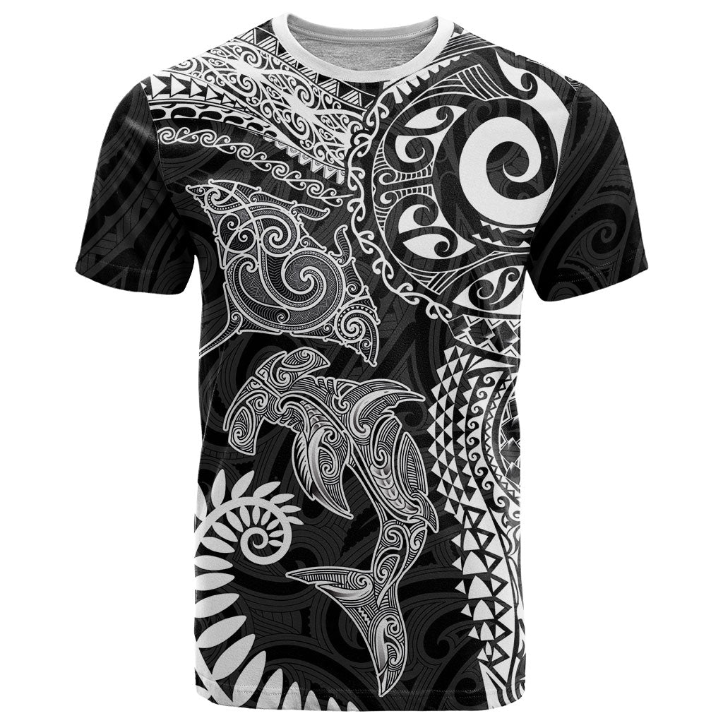 Aotearoa Maori Sea Animals Tribal T Shirt Manta Ray and Shark Moko Pattern Black Color