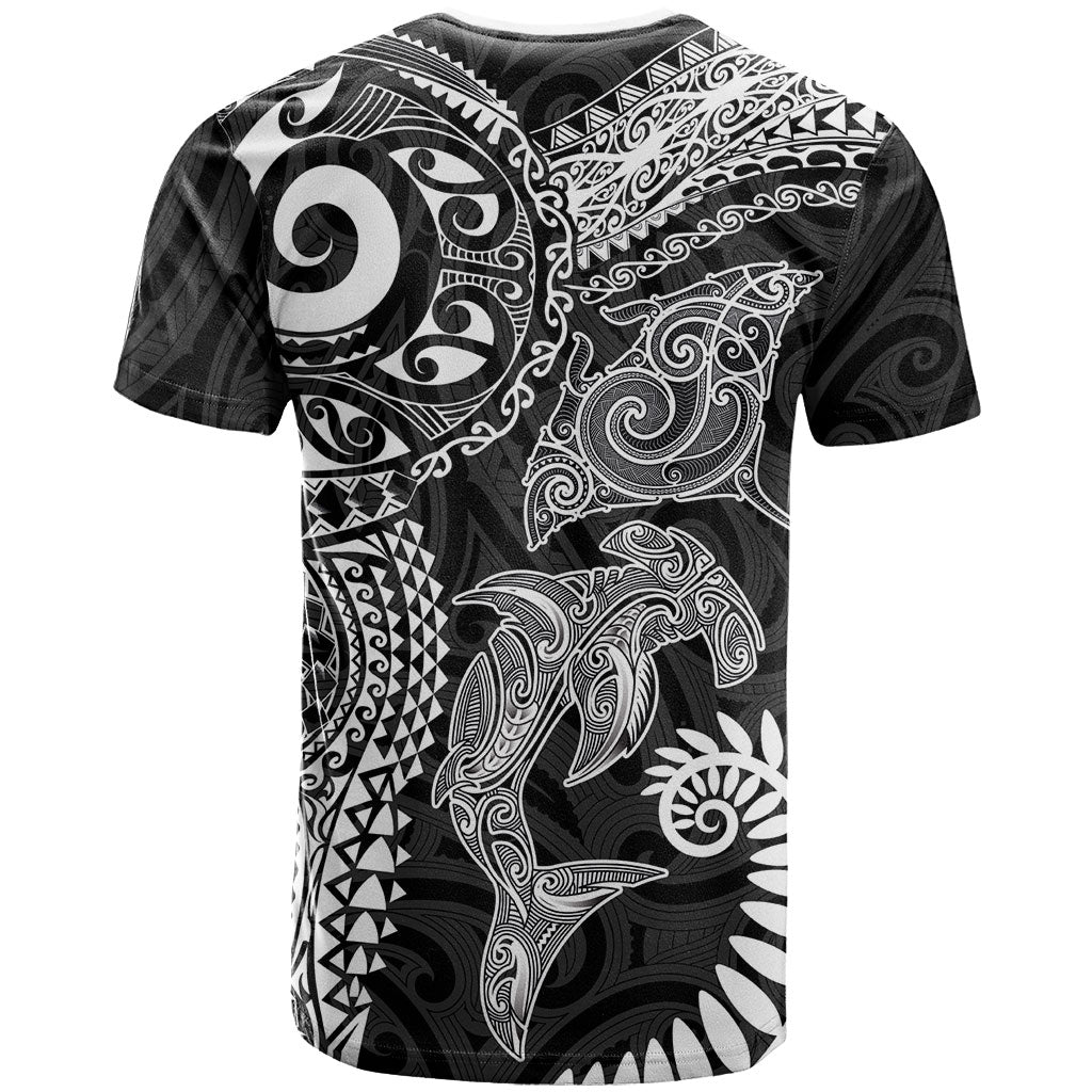 Aotearoa Maori Sea Animals Tribal T Shirt Manta Ray and Shark Moko Pattern Black Color LT03 - Polynesian Pride