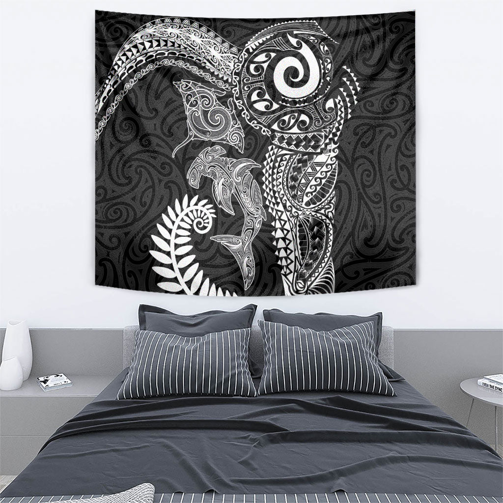 Aotearoa Maori Sea Animals Tribal Tapestry Manta Ray and Shark Moko Pattern Black Color