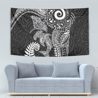 Aotearoa Maori Sea Animals Tribal Tapestry Manta Ray and Shark Moko Pattern Black Color