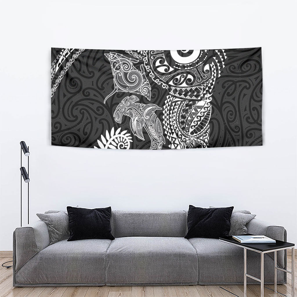 Aotearoa Maori Sea Animals Tribal Tapestry Manta Ray and Shark Moko Pattern Black Color