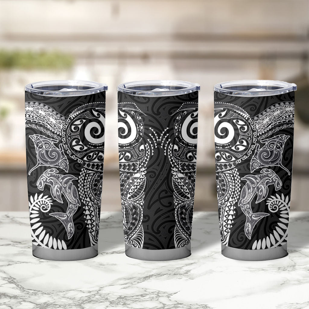 Aotearoa Maori Sea Animals Tribal Tumbler Cup Manta Ray and Shark Moko Pattern Black Color LT03 - Polynesian Pride
