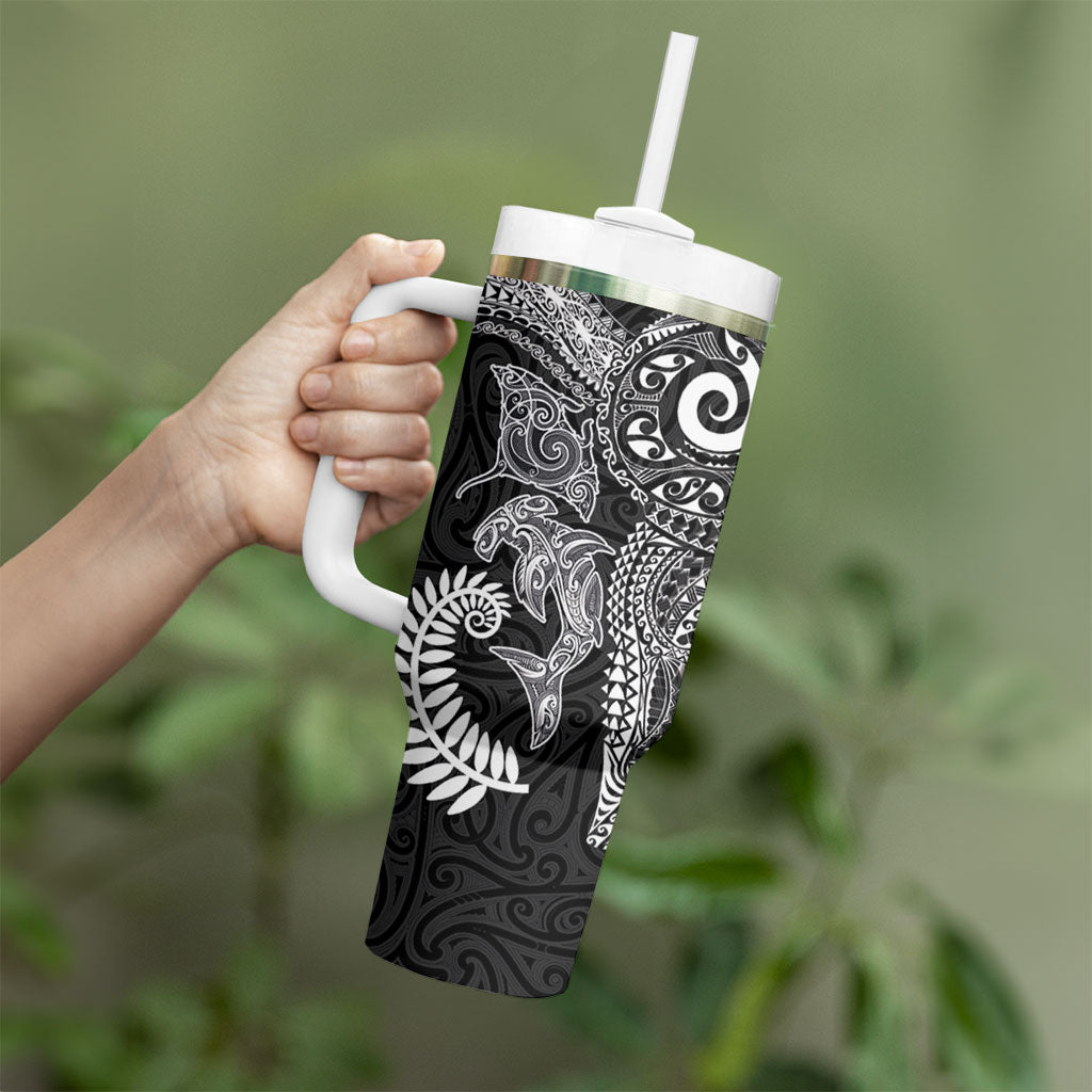 Aotearoa Maori Sea Animals Tribal Tumbler With Handle Manta Ray and Shark Moko Pattern Black Color LT03 - Polynesian Pride
