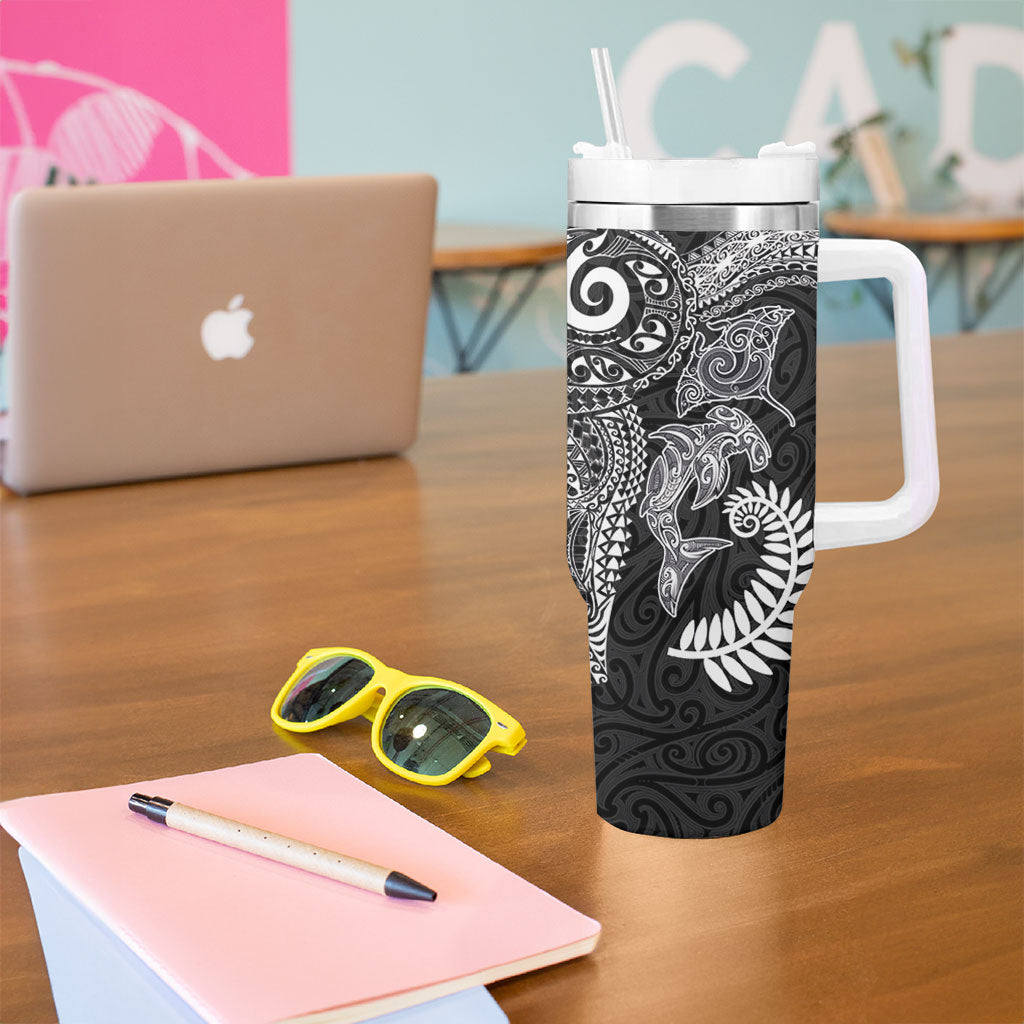 Aotearoa Maori Sea Animals Tribal Tumbler With Handle Manta Ray and Shark Moko Pattern Black Color LT03 - Polynesian Pride