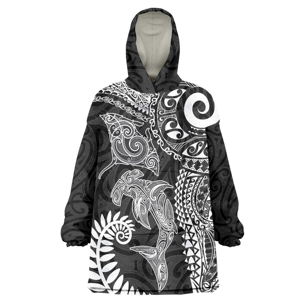 Aotearoa Maori Sea Animals Tribal Wearable Blanket Hoodie Manta Ray and Shark Moko Pattern Black Color