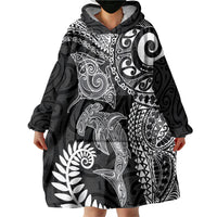 Aotearoa Maori Sea Animals Tribal Wearable Blanket Hoodie Manta Ray and Shark Moko Pattern Black Color LT03 - Polynesian Pride