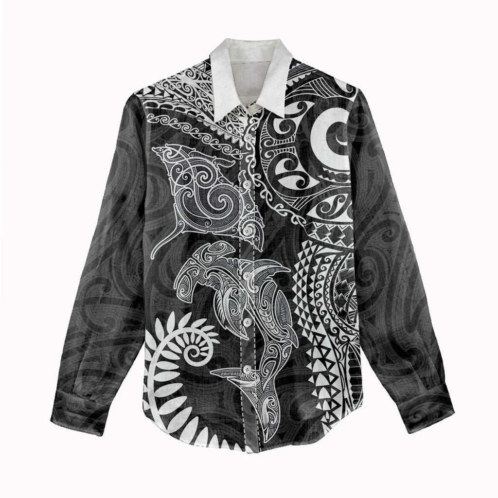 Aotearoa Maori Sea Animals Tribal Women Casual Shirt Manta Ray and Shark Moko Pattern Black Color LT03 - Polynesian Pride