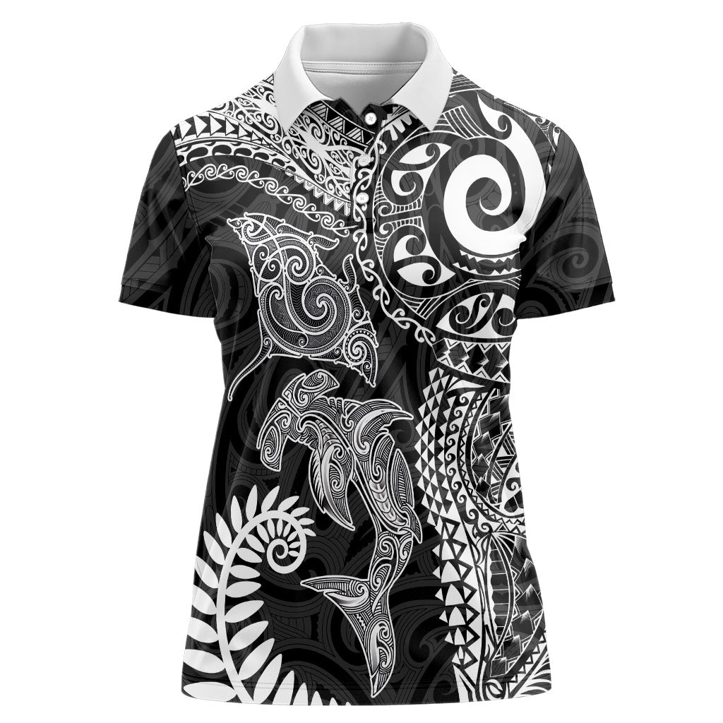 Aotearoa Maori Sea Animals Tribal Women Polo Shirt Manta Ray and Shark Moko Pattern Black Color LT03 Female Black - Polynesian Pride