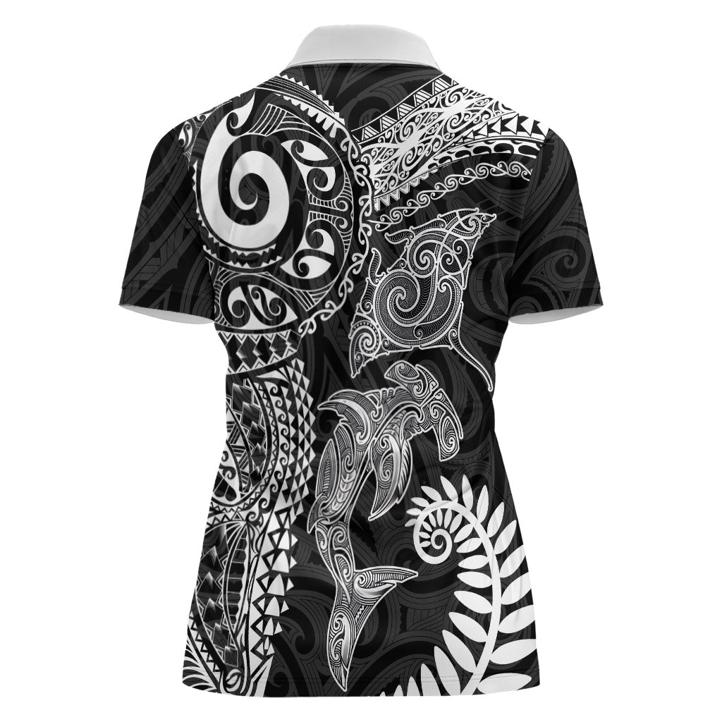 Aotearoa Maori Sea Animals Tribal Women Polo Shirt Manta Ray and Shark Moko Pattern Black Color LT03 - Polynesian Pride