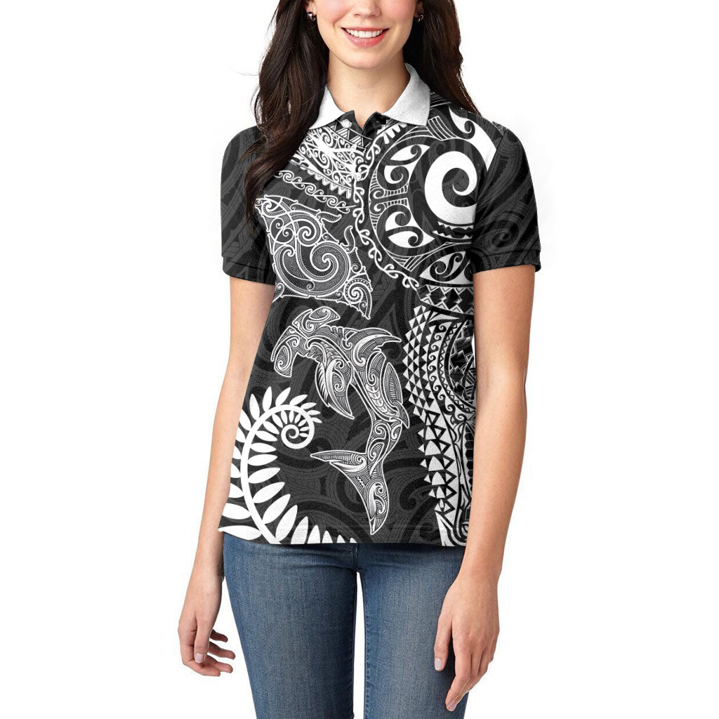 Aotearoa Maori Sea Animals Tribal Women Polo Shirt Manta Ray and Shark Moko Pattern Black Color LT03 - Polynesian Pride