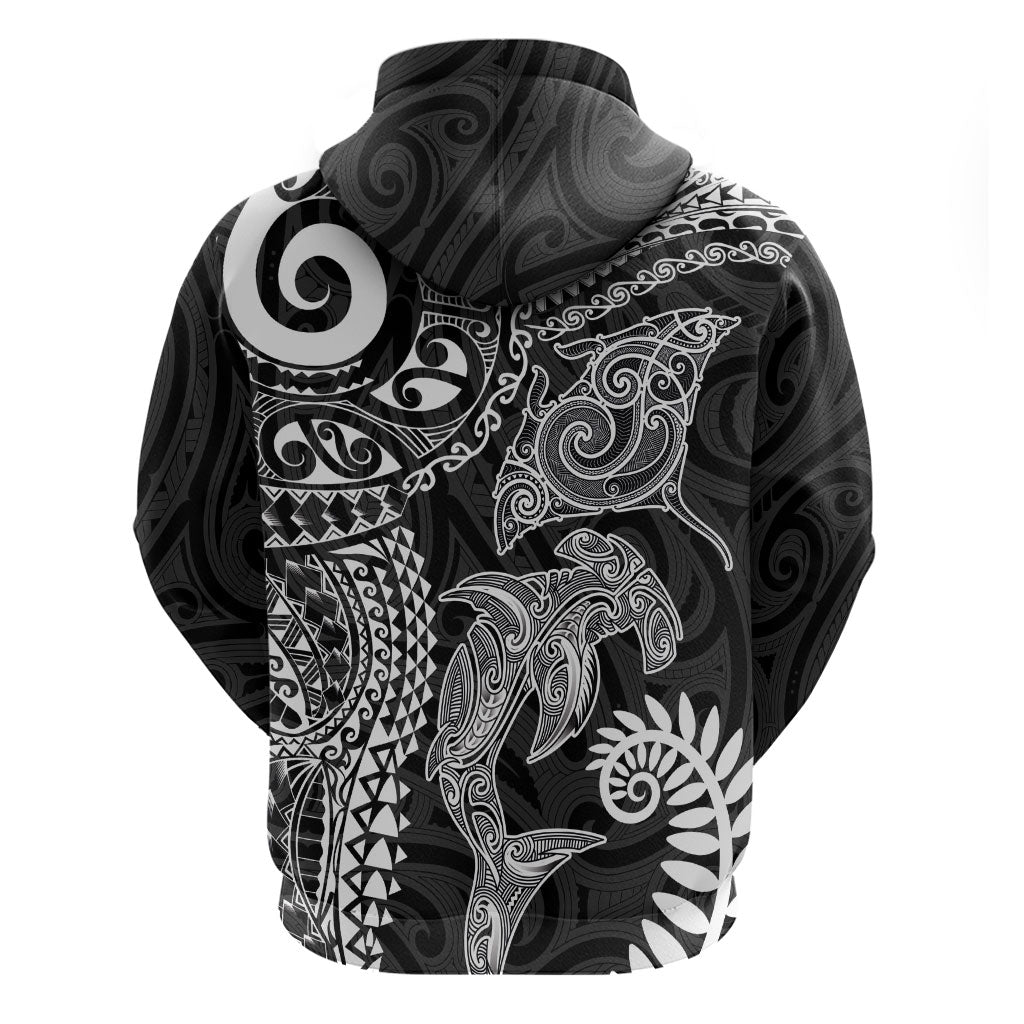 Aotearoa Maori Sea Animals Tribal Zip Hoodie Manta Ray and Shark Moko Pattern Black Color LT03 - Polynesian Pride