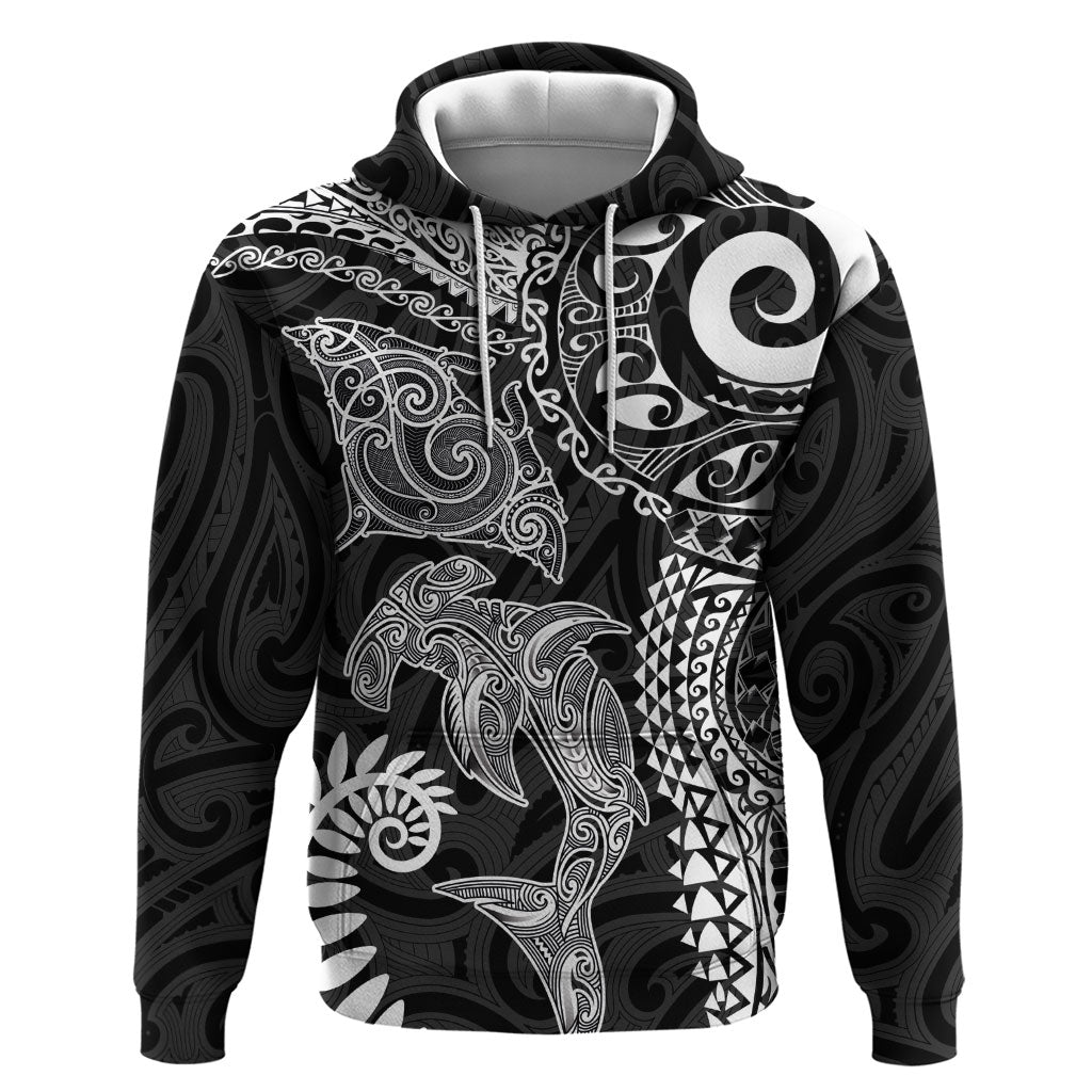 Aotearoa Maori Sea Animals Tribal Zip Hoodie Manta Ray and Shark Moko Pattern Black Color LT03 Pullover Hoodie Black - Polynesian Pride