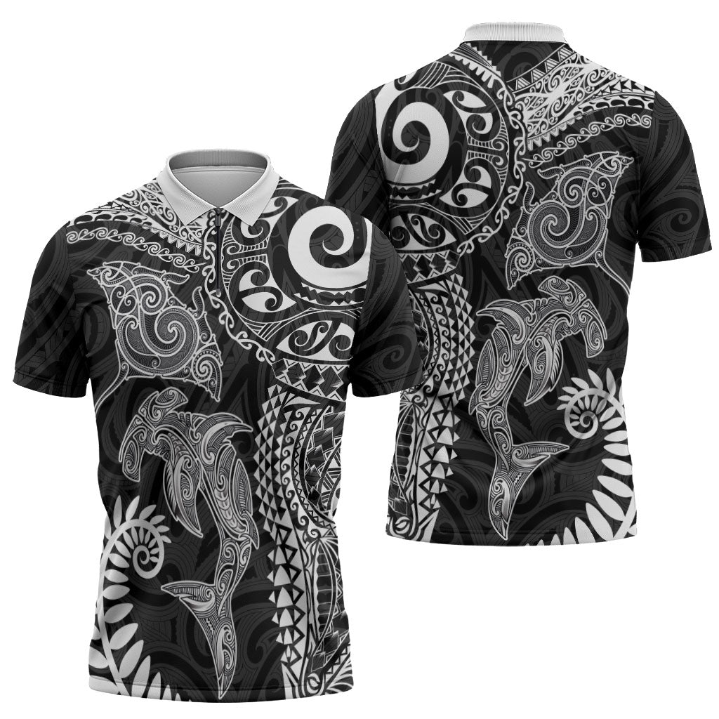 Aotearoa Maori Sea Animals Tribal Zipper Polo Shirt Manta Ray and Shark Moko Pattern Black Color LT03 - Polynesian Pride