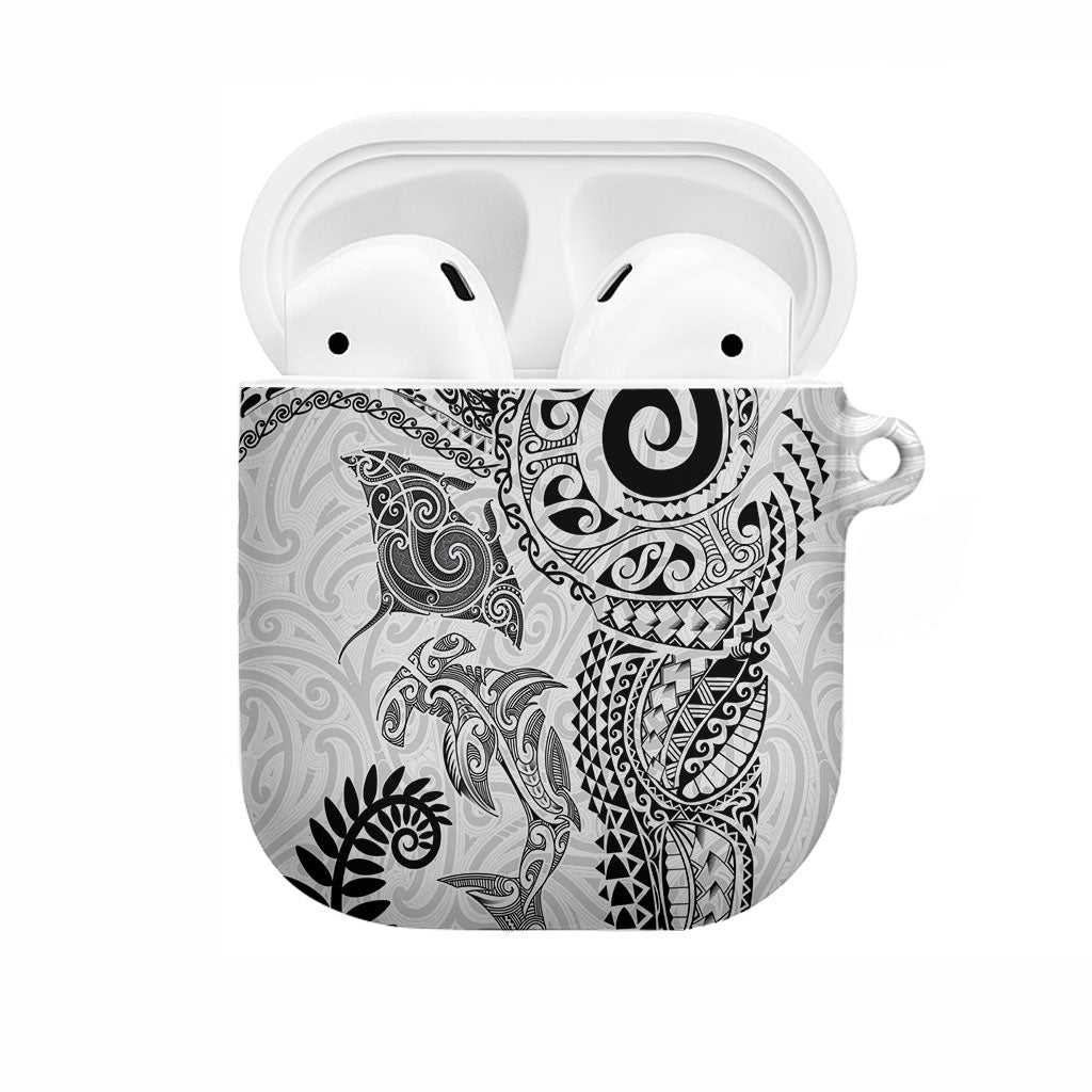Aotearoa Maori Sea Animals Tribal AirPods Case Manta Ray and Shark Moko Pattern White Color LT03 White - Polynesian Pride