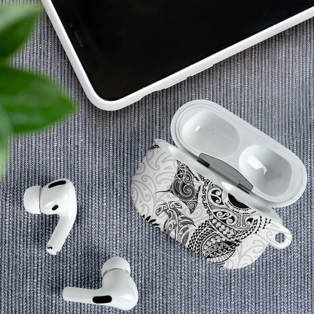 Aotearoa Maori Sea Animals Tribal AirPods Case Manta Ray and Shark Moko Pattern White Color LT03 - Polynesian Pride