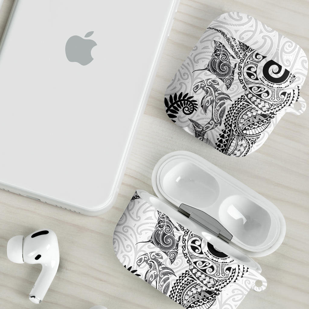 Aotearoa Maori Sea Animals Tribal AirPods Case Manta Ray and Shark Moko Pattern White Color LT03 - Polynesian Pride