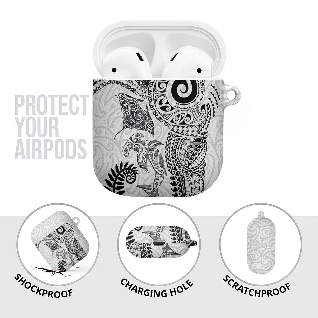 Aotearoa Maori Sea Animals Tribal AirPods Case Manta Ray and Shark Moko Pattern White Color LT03 - Polynesian Pride