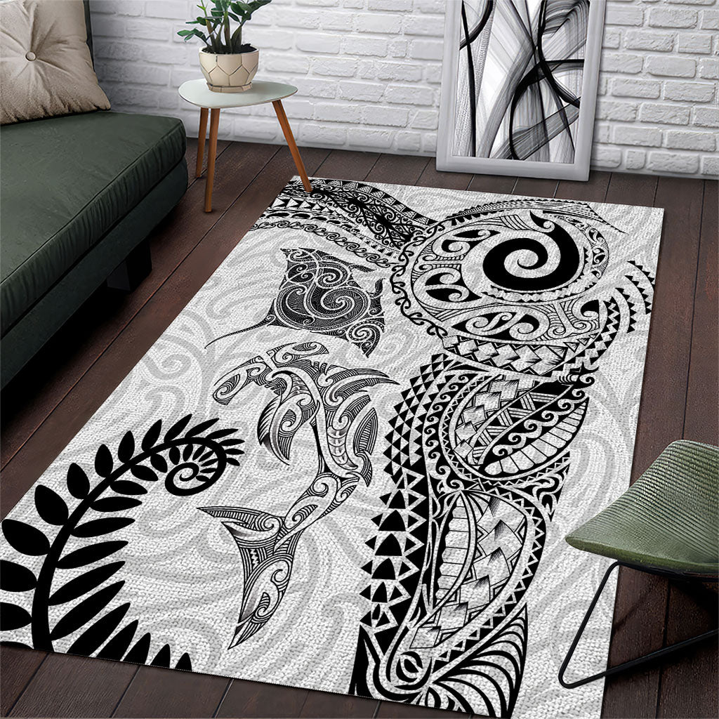 Aotearoa Maori Sea Animals Tribal Area Rug Manta Ray and Shark Moko Pattern White Color