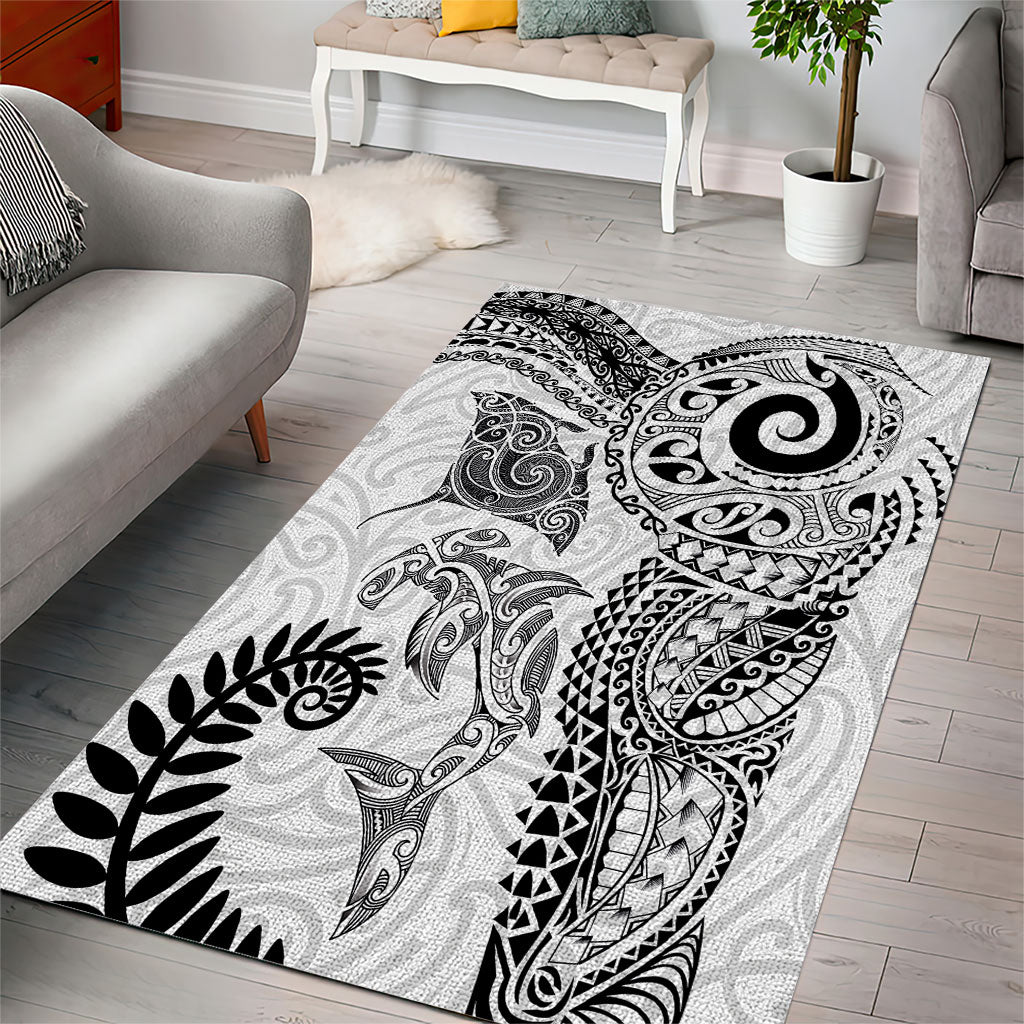 Aotearoa Maori Sea Animals Tribal Area Rug Manta Ray and Shark Moko Pattern White Color