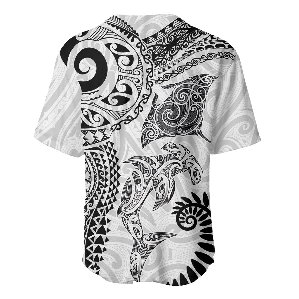 Aotearoa Maori Sea Animals Tribal Baseball Jersey Manta Ray and Shark Moko Pattern White Color
