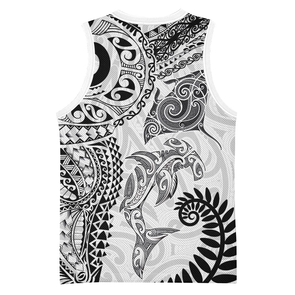 Aotearoa Maori Sea Animals Tribal Basketball Jersey Manta Ray and Shark Moko Pattern White Color LT03 - Polynesian Pride