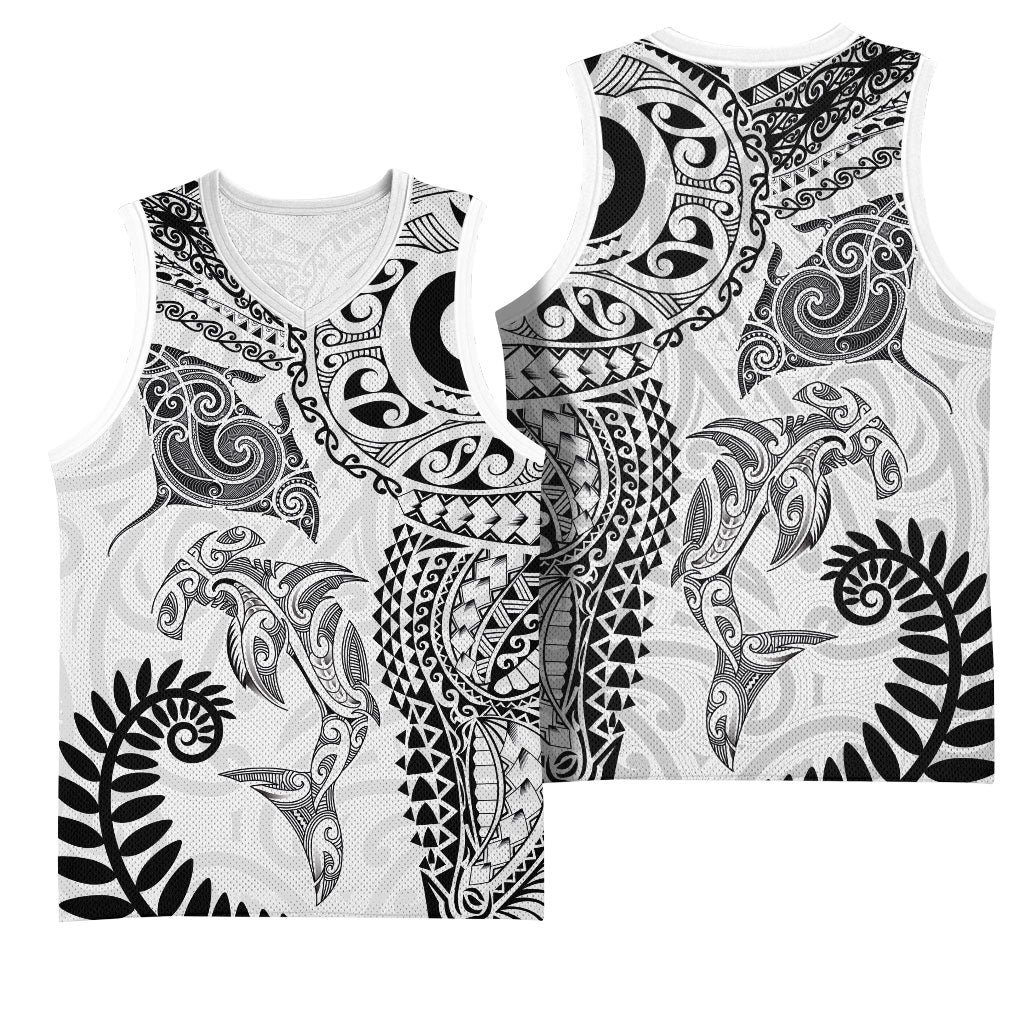 Aotearoa Maori Sea Animals Tribal Basketball Jersey Manta Ray and Shark Moko Pattern White Color LT03 - Polynesian Pride