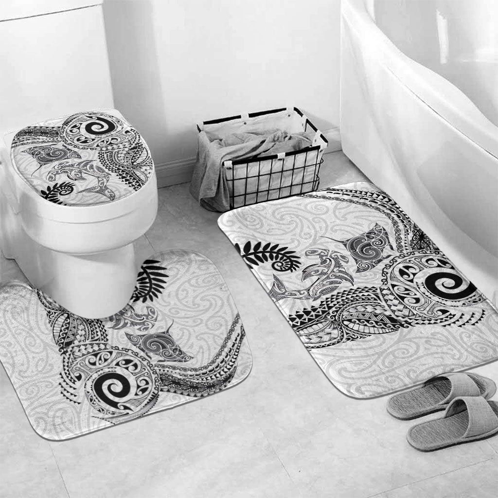 Aotearoa Maori Sea Animals Tribal Bathroom Set Manta Ray and Shark Moko Pattern White Color LT03 Mat Set Only (3 pcs) One Size White - Polynesian Pride