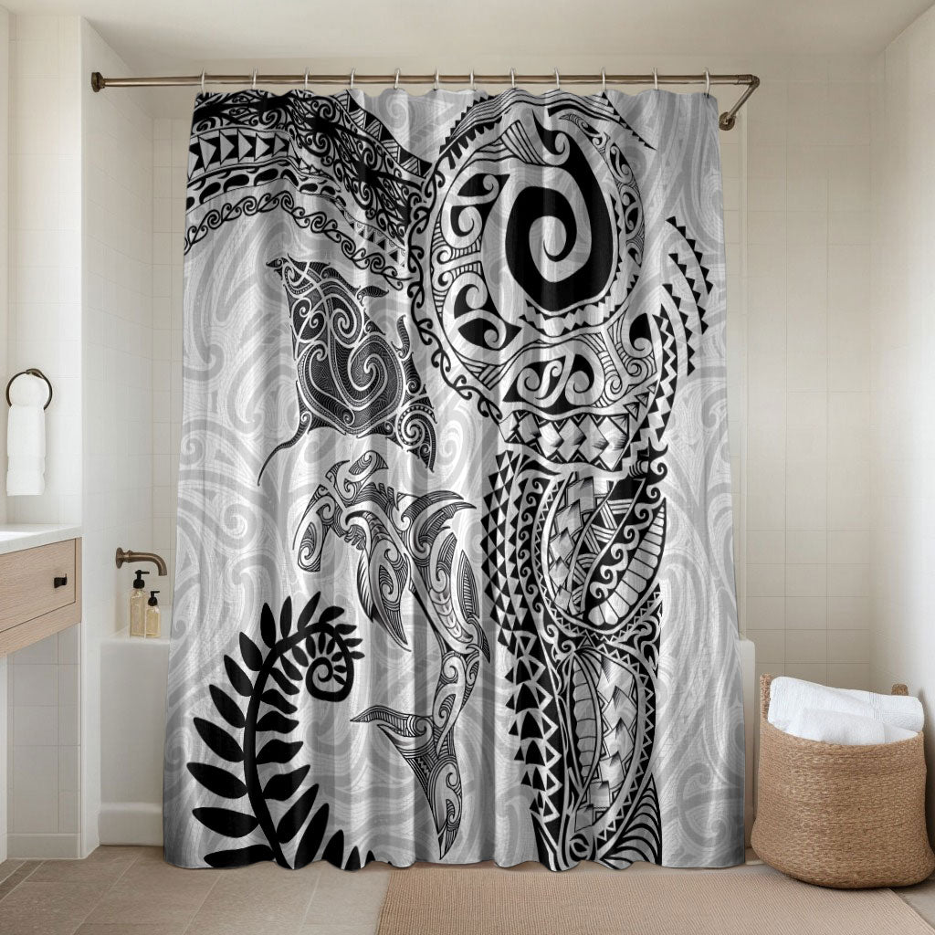 Aotearoa Maori Sea Animals Tribal Bathroom Set Manta Ray and Shark Moko Pattern White Color LT03 Shower Curtain Only White - Polynesian Pride