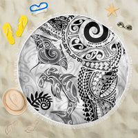 Aotearoa Maori Sea Animals Tribal Beach Blanket Manta Ray and Shark Moko Pattern White Color