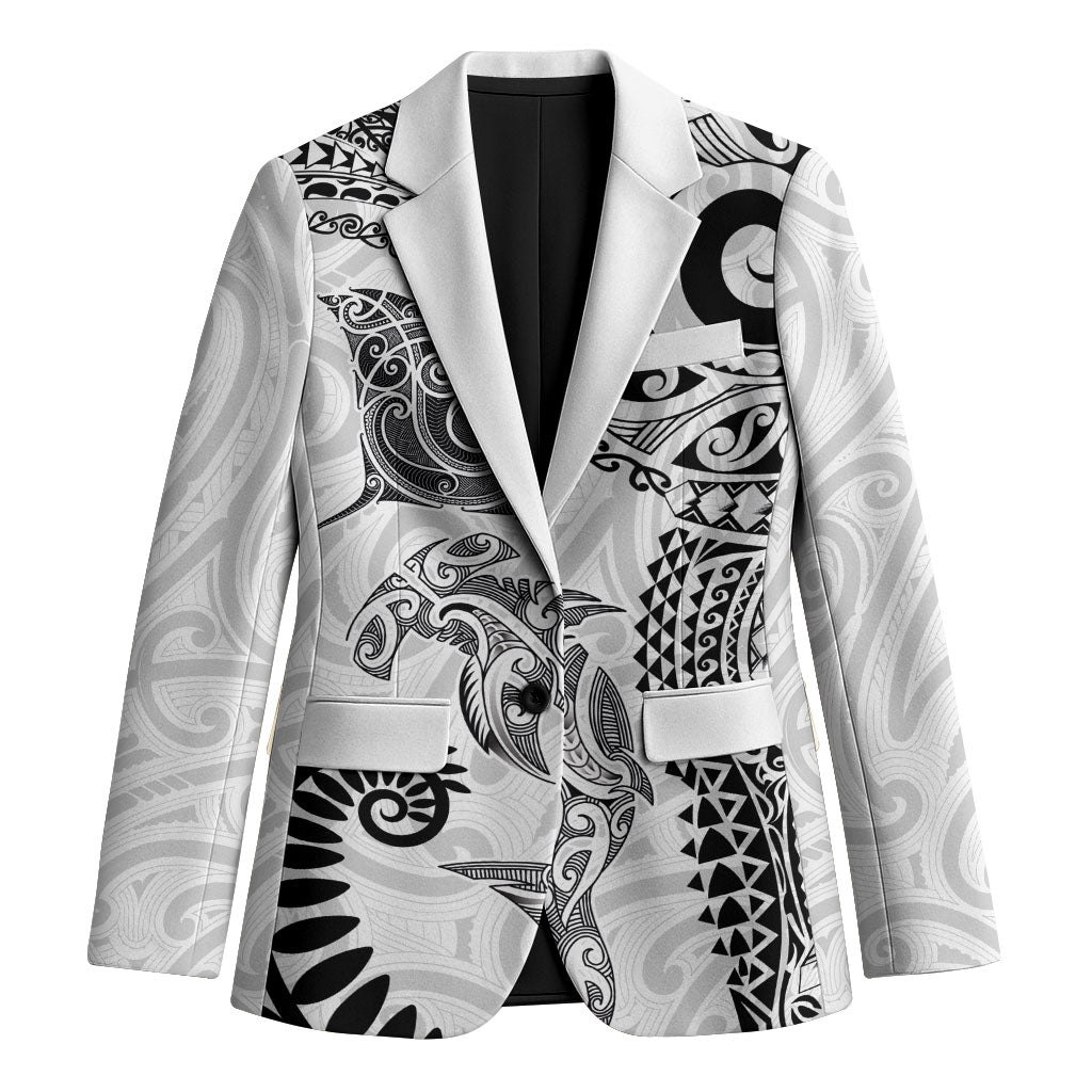 Aotearoa Maori Sea Animals Tribal Blazer Manta Ray and Shark Moko Pattern White Color LT03 Unisex White - Polynesian Pride