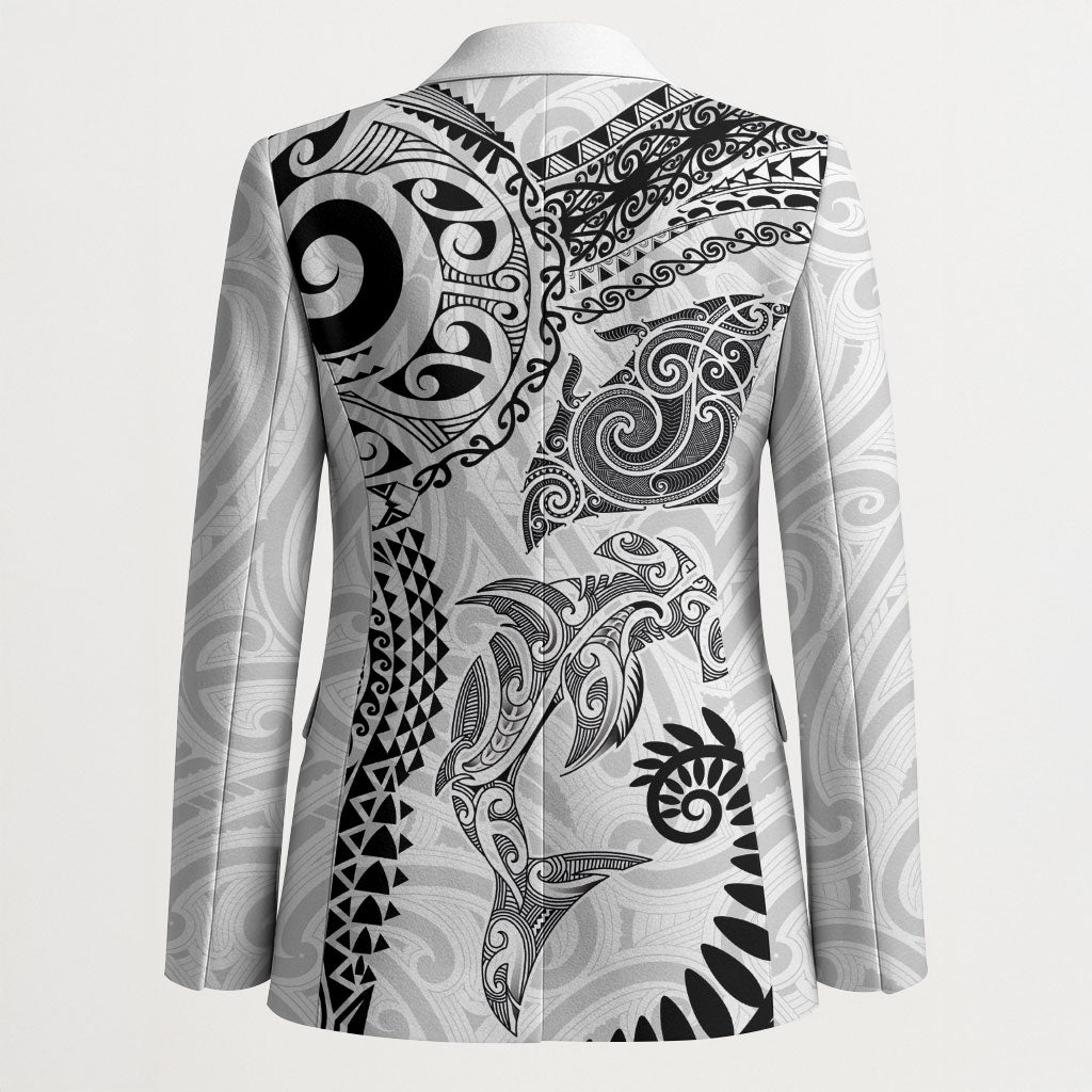 Aotearoa Maori Sea Animals Tribal Blazer Manta Ray and Shark Moko Pattern White Color LT03 - Polynesian Pride