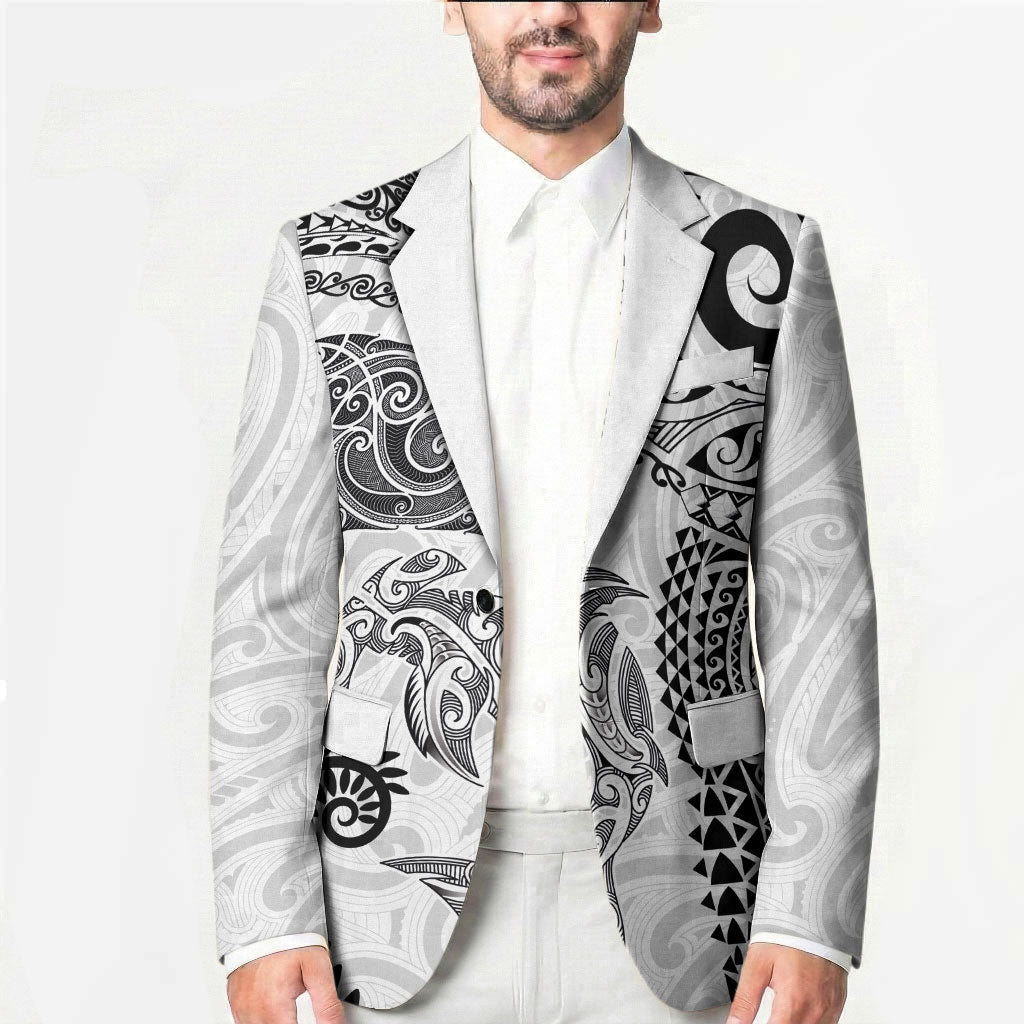 Aotearoa Maori Sea Animals Tribal Blazer Manta Ray and Shark Moko Pattern White Color LT03 - Polynesian Pride