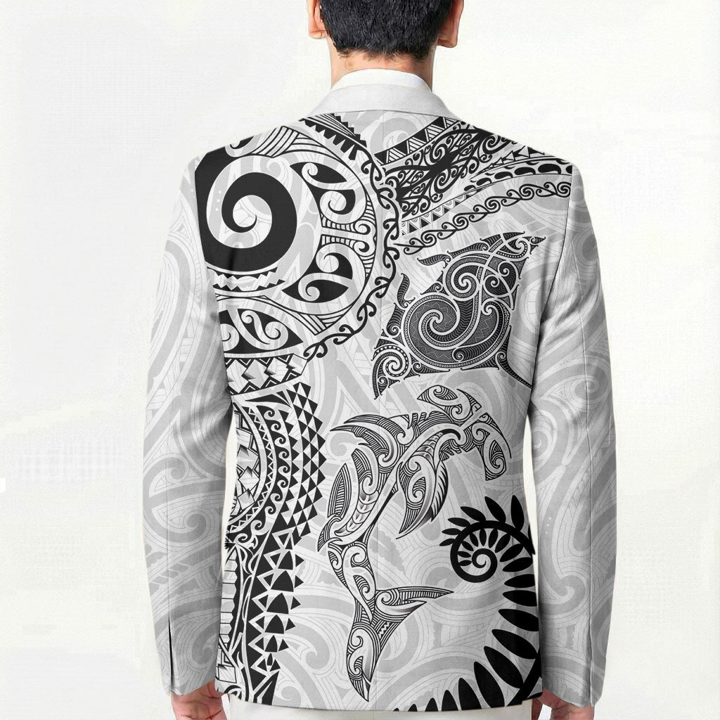 Aotearoa Maori Sea Animals Tribal Blazer Manta Ray and Shark Moko Pattern White Color LT03 - Polynesian Pride