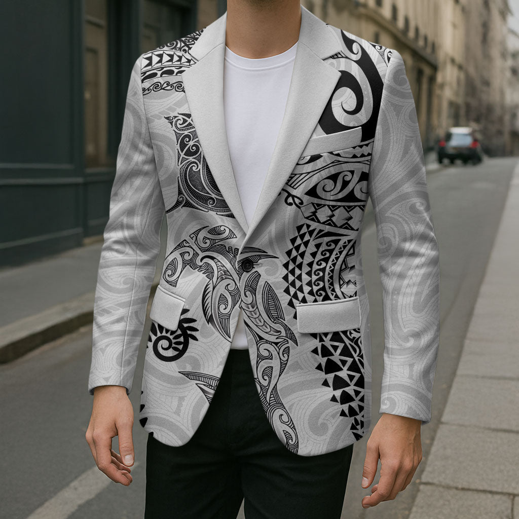 Aotearoa Maori Sea Animals Tribal Blazer Manta Ray and Shark Moko Pattern White Color LT03 - Polynesian Pride