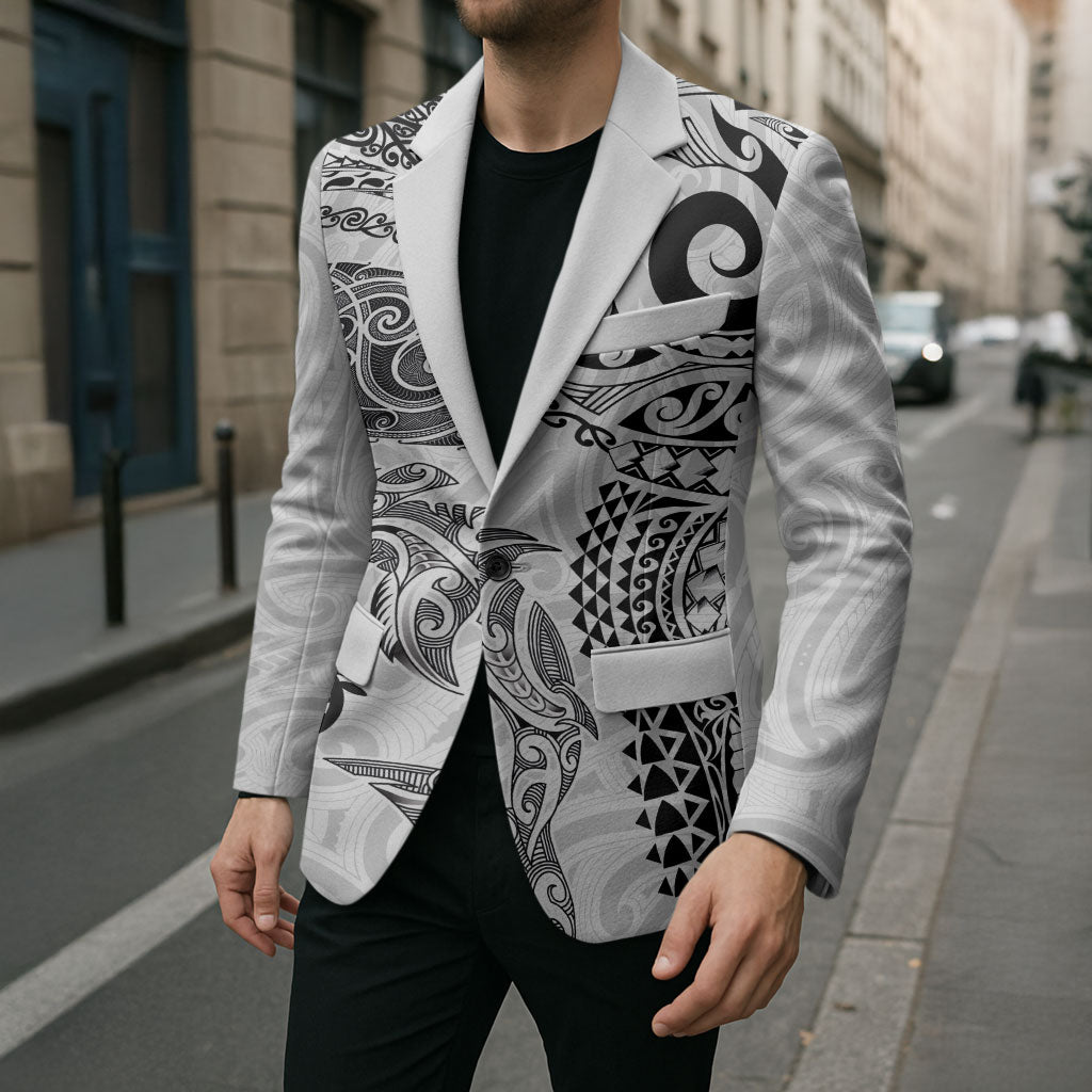 Aotearoa Maori Sea Animals Tribal Blazer Manta Ray and Shark Moko Pattern White Color LT03 - Polynesian Pride