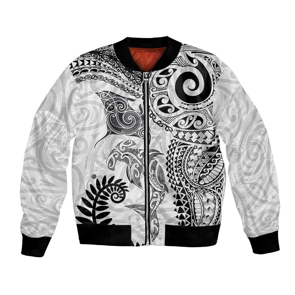 Aotearoa Maori Sea Animals Tribal Bomber Jacket Manta Ray and Shark Moko Pattern White Color