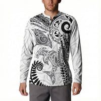 Aotearoa Maori Sea Animals Tribal Button Sweatshirt Manta Ray and Shark Moko Pattern White Color