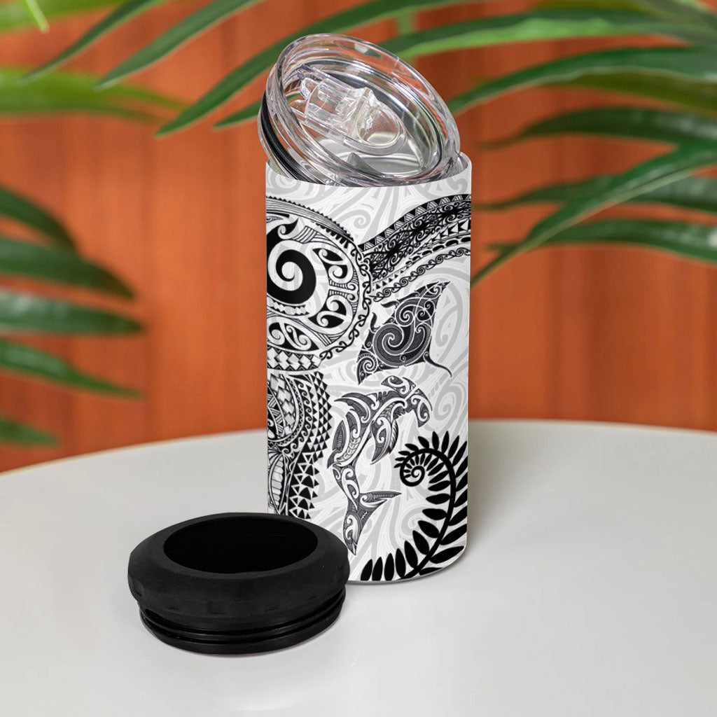 Aotearoa Maori Sea Animals Tribal 4 in 1 Can Cooler Tumbler Manta Ray and Shark Moko Pattern White Color LT03 - Polynesian Pride